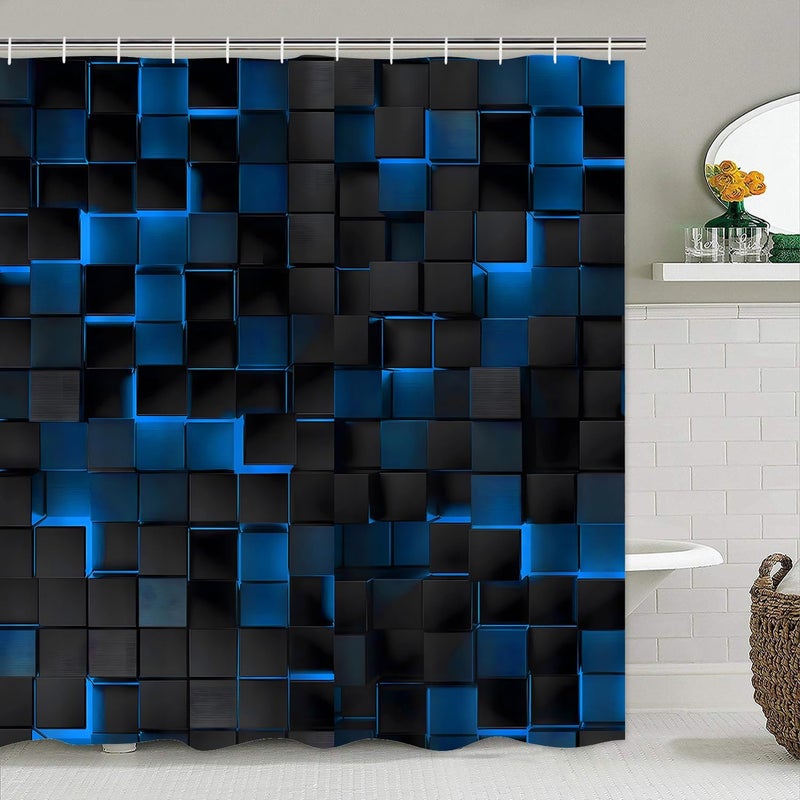 LQCOOL 4Pcs Blue Shower Curtain Set 3D Cubes Bathroom Sets Modern Shower Curtain Set for Bathroom Sets with Rugs Black and Blue Shower Curtain with 12 Hooks - Image 2